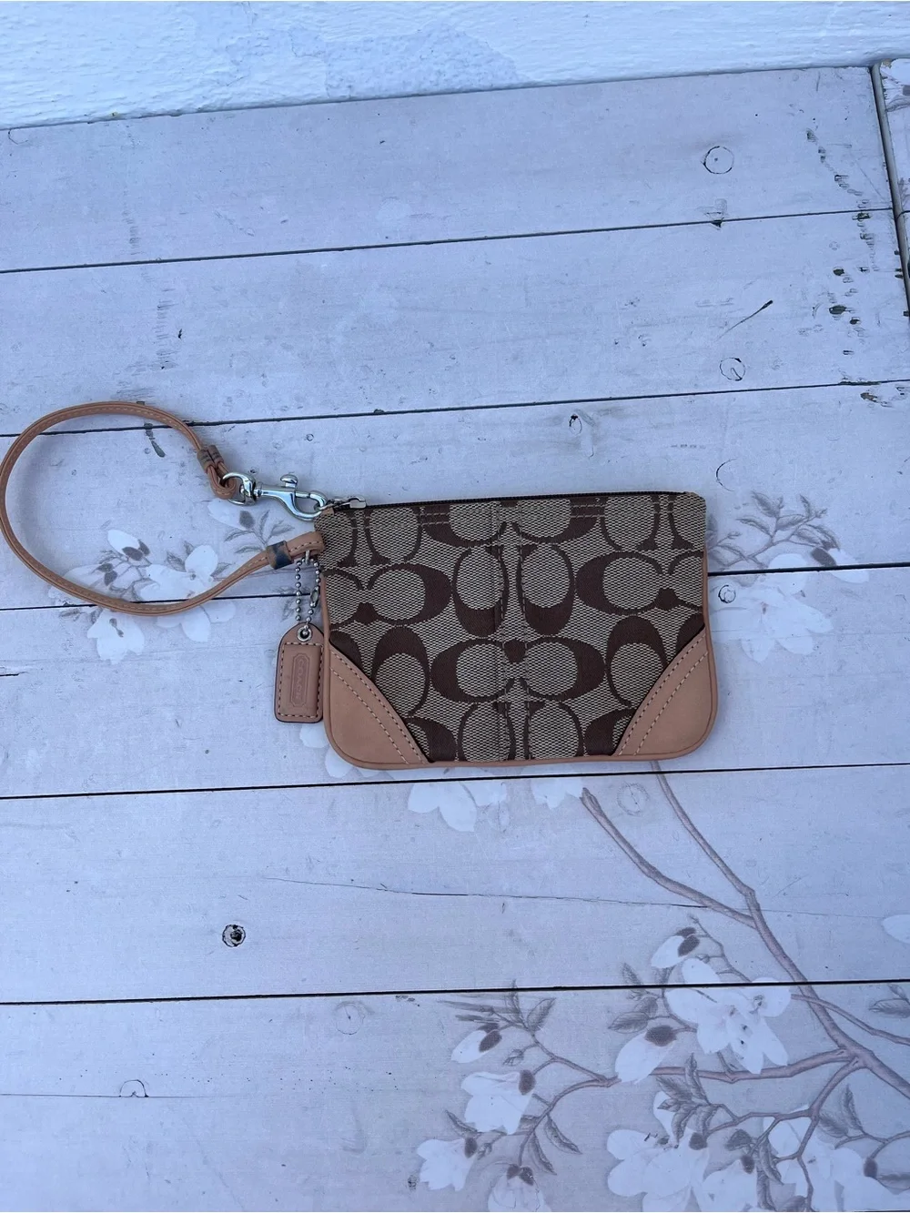 Coach Brown Signature Canvas Wristlet with Tan Leather Trim